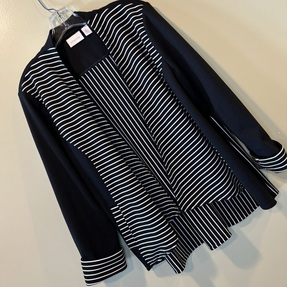 Chicos Womens 2 Large Black White Striped Top Open Front Cardigan Casual 12